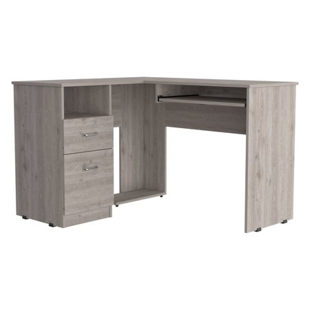 Tuhome Mix L-Shaped Desk, Keyboard Tray, Two Drawers, Single Open Shelf, Light Gray ELZ5702